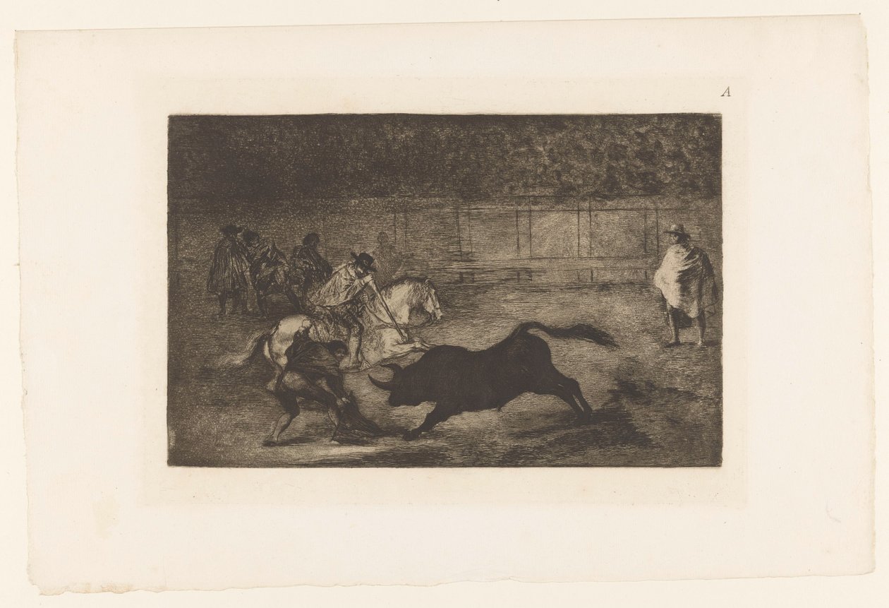 Mand til hest stikker sin lanse ind i en tyr Un cavalier espagnol brisant des 