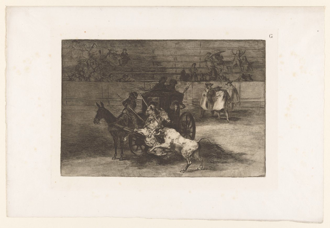 Mænd angriber en tyr fra en vogn Combat dans une voiture attelée de deux mulets Tyrefægtning (serietitel) La Taureaumachie (serietitel) La Tauromaquia (serietitel) af Francisco de Goya