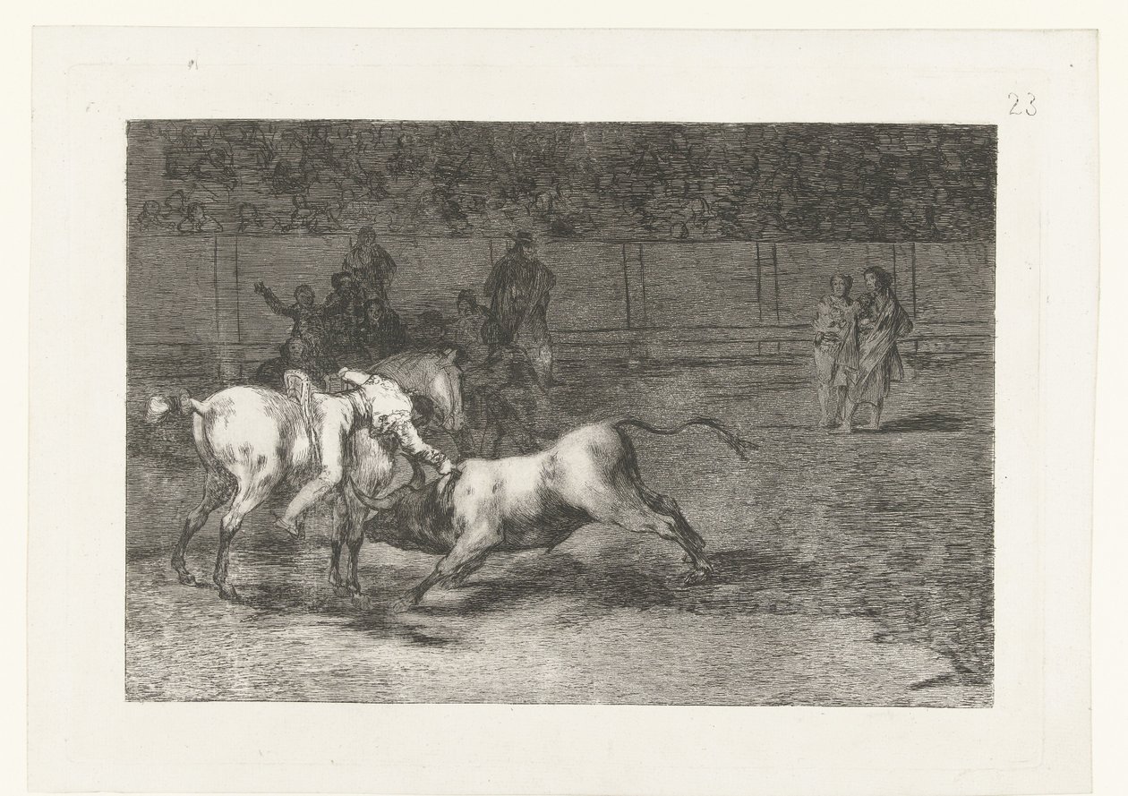 Mariano Ceballos skrev en sti Madriano Ceballos, alias El Indio, dræber tyren fra sin hest Tyrefægtning (serietitel) Stierenvechten (serietitel) af Francisco de Goya