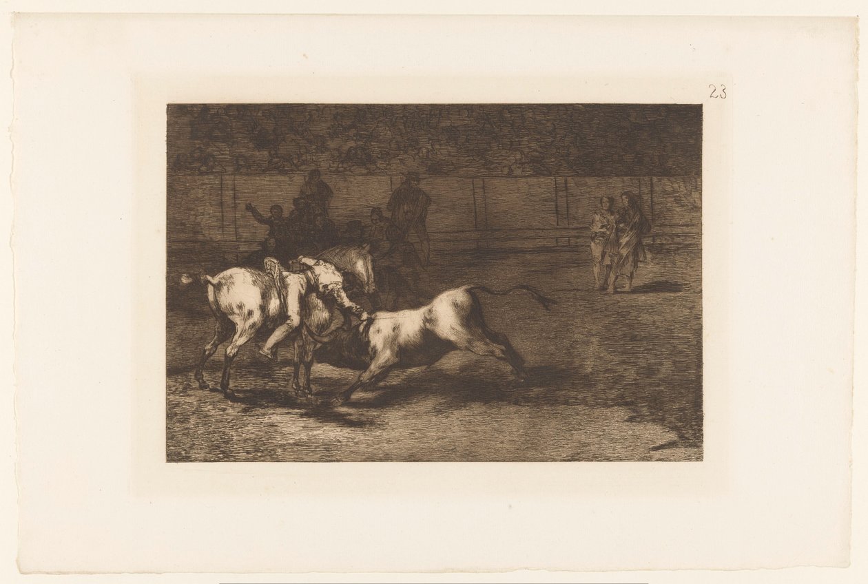 Mariano Ceballos skrev en sti Mariano Ceballos, alias El Indio, dræber tyren fra sin hest Stierengevechten (serietitel) La Taureamachie (serietitel) Tyrefægtning (serietitel) af Francisco de Goya