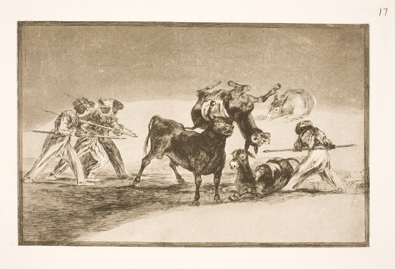 Maurerne benytter æsler som barriere for at forsvare sig mod tyren, hvis horn er blevet forsynet med kugler af Francisco de Goya
