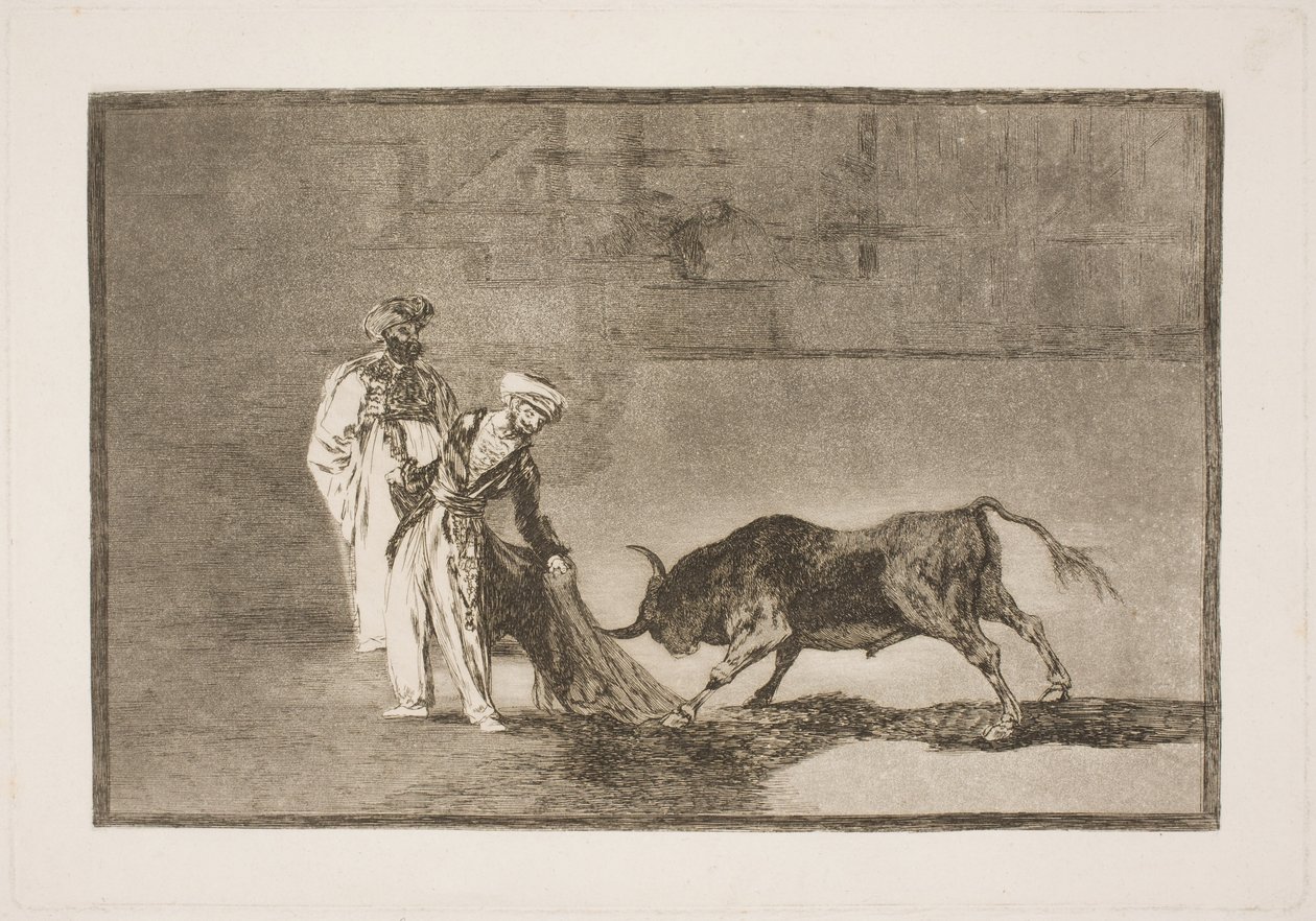 Maurerne i arenaen gør sig umage for at tiltrække sig tyren ved hjælp af deres burnus af Francisco de Goya