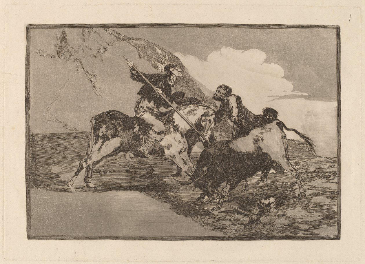 Måden, hvorpå de gamle spaniere jagede tyre til hest i marken (Måden, hvorpå de gamle spaniere jagede tyre på hesteryg i det åbne land) af Francisco de Goya