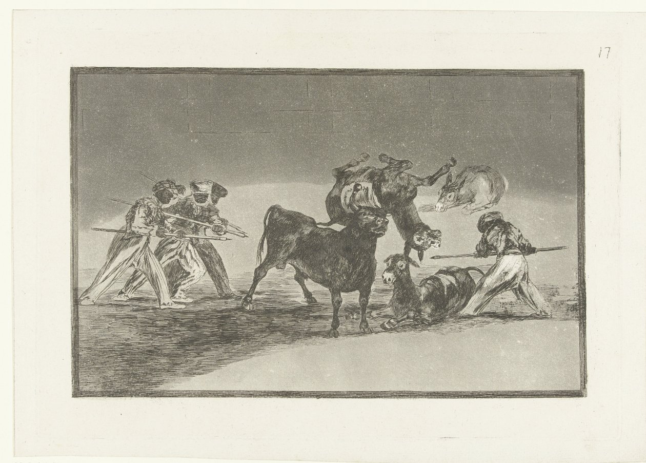Maurer og æsler kæmper mod en tyr Palenque de los Moros hecho con burros para defenderse del toro embolado La Tauromaquia (serietitel) Tyrefægtning (serietitel) af Francisco de Goya