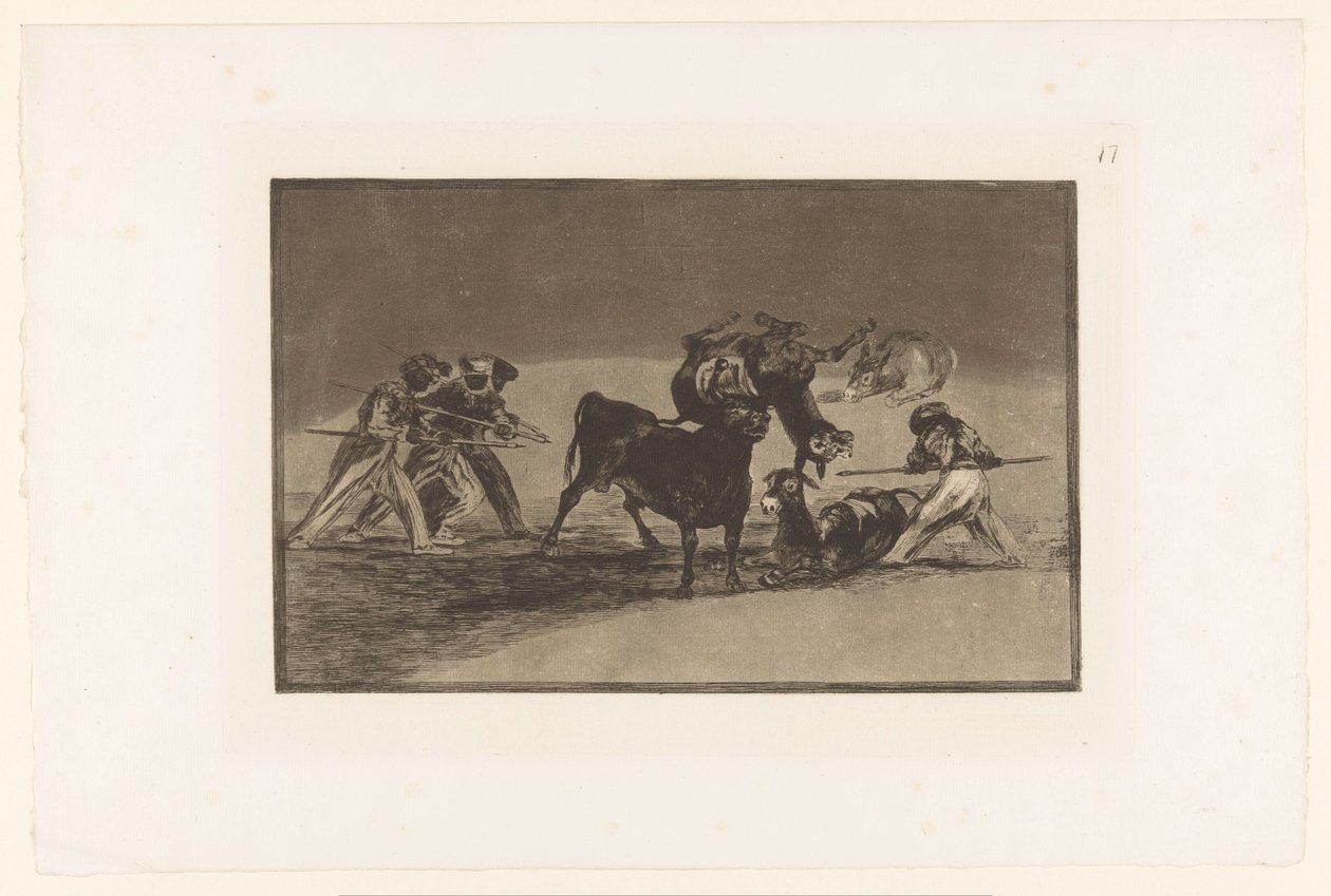 Maurer og æsler kæmper mod en tyr Palenque de los Moros hecho con burros para defenderse del toro embolado Tyrefægtning (serietitel) La Taureaumachie (serietitel) La Tauromaquia (serietitel) af Francisco de Goya