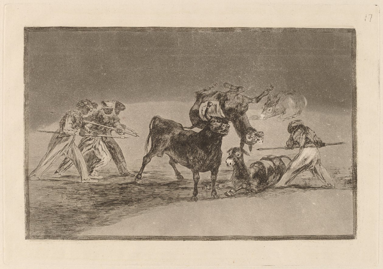 Palenque de los moros hecho con burros para defenderse del toro embolado (Maurerne bruger æsler som en barriere for at forsvare sig mod tyren, hvis horn er blevet væltet med bolde) af Francisco de Goya