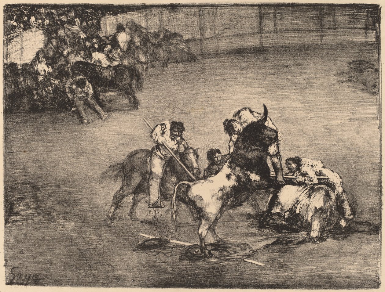 Picador fanget af en tyr af Francisco de Goya