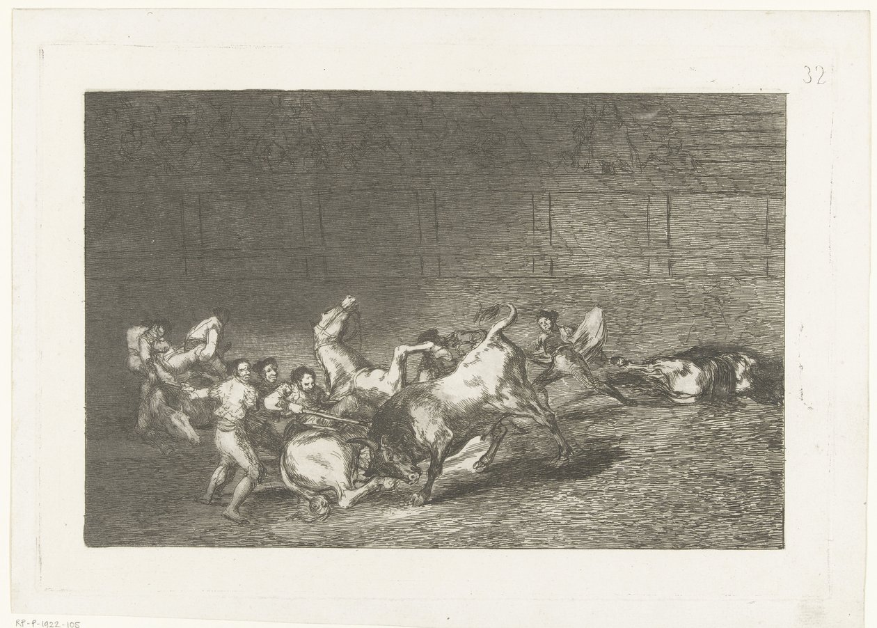 Picador steekt een lans i en stier To grupper af picadorer kørt over på rad af en enkelt tyr Tyrefægtning (serietitel) Stierenvechten (serietitel) af Francisco de Goya