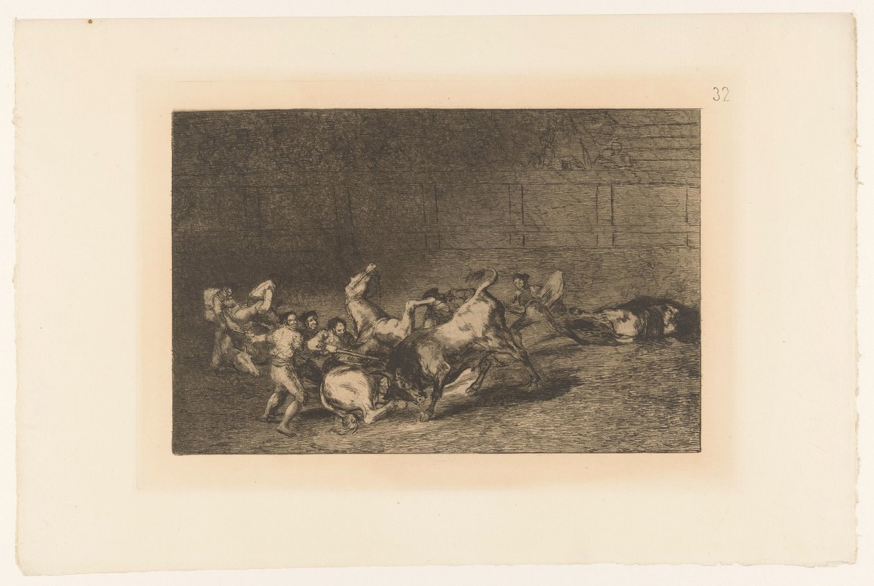 Picador steekt een lans i en stier To grupper af picadorer kørt over på rad af en enkelt tyr Stierengevechten (serietitel) La Taureamachie (serietitel) Tyrefægtning (serietitel) af Francisco de Goya