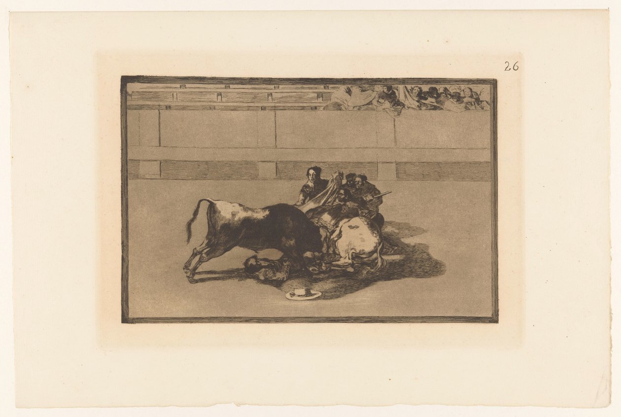 Picador faldt af sin hest Caida de un picador de su caballo debajo del toro Tyrefægtning (serietitel) La Taureaumachie (serietitel) La Tauromaquia (serietitel) af Francisco de Goya