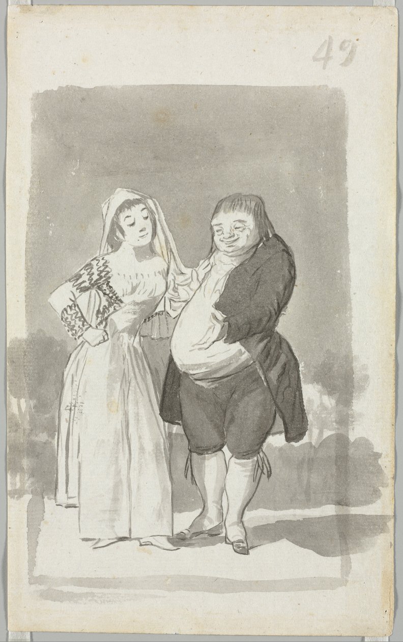 Prostitueret anmoder om en fed, grim mand (recto) af Francisco de Goya