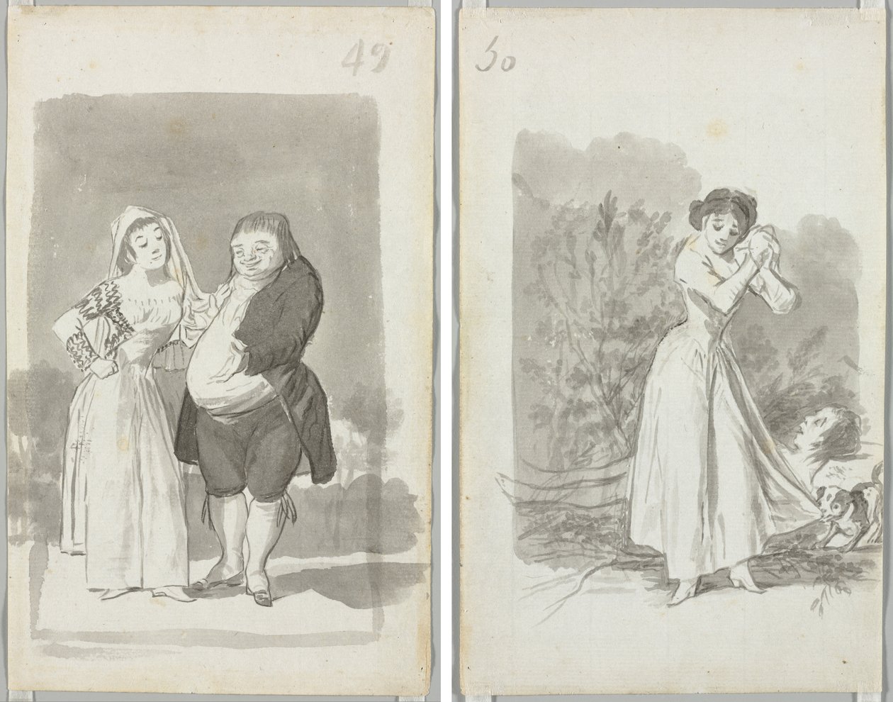 Prostitueret anmoder om en fed, grim mand (recto); Ung kvinde vrider sine hænder over en mands nøgne krop (verso) af Francisco de Goya