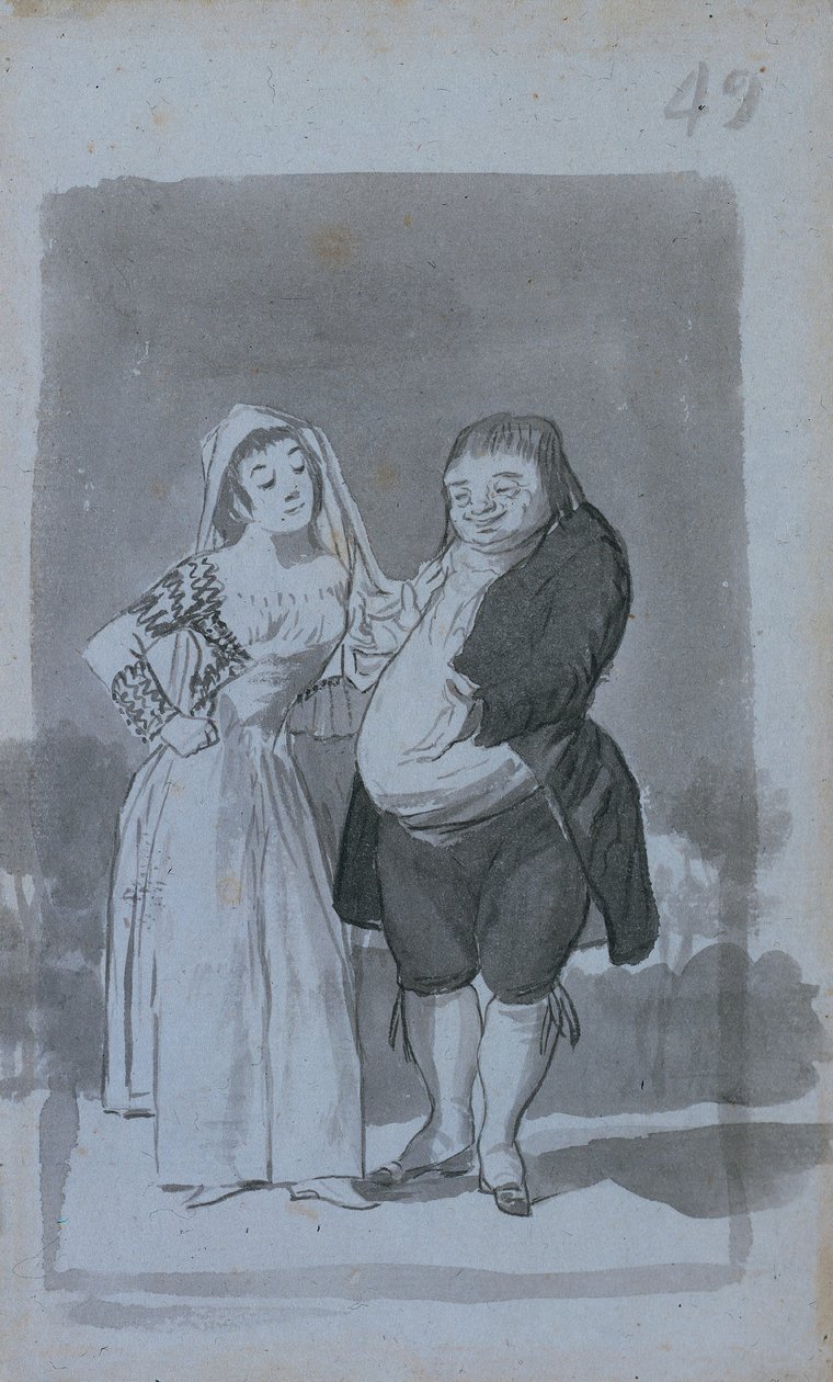 Prostitueret anmoder om en fed, grim mand recto, 1796-97. af Francisco de Goya