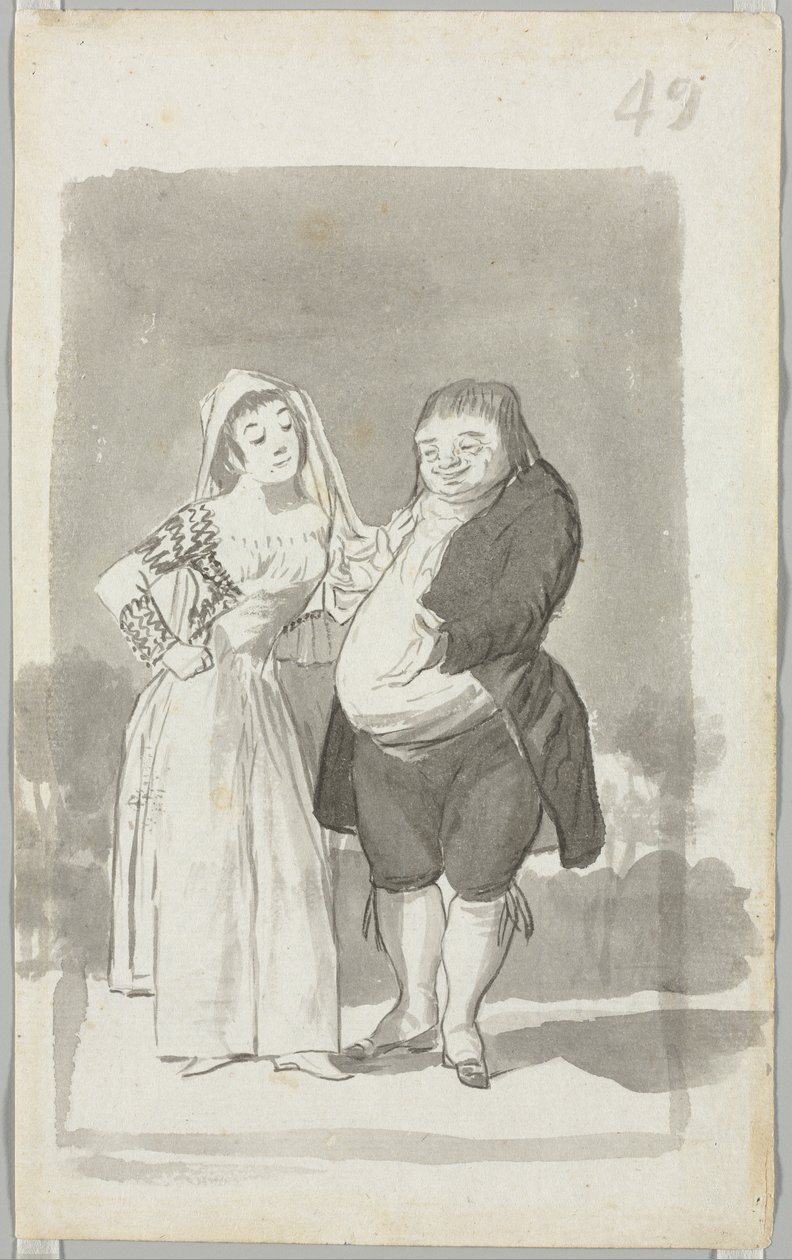 Prostitueret anmoder om en fed, grim mand recto, ung kvinde vrider sine hænder ... omvendt, 1796-97. af Francisco de Goya