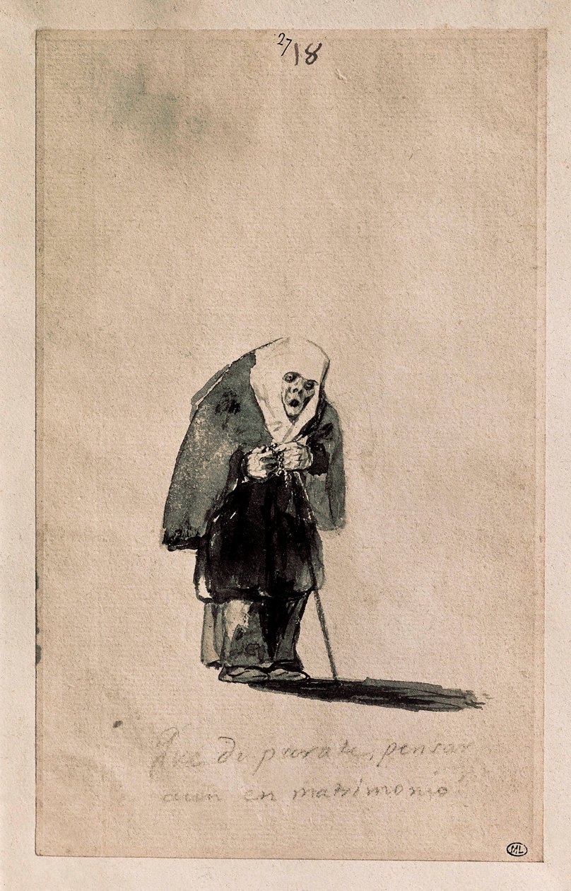 Que disparate, pensar aun en matrimonio (Hvilket vrøvl, at stadig tænke på ægteskab), ca. 1819-23 (Pensel, indisk blæk, fortegning med sort sten, på hvidt lagt papir) af Francisco de Goya