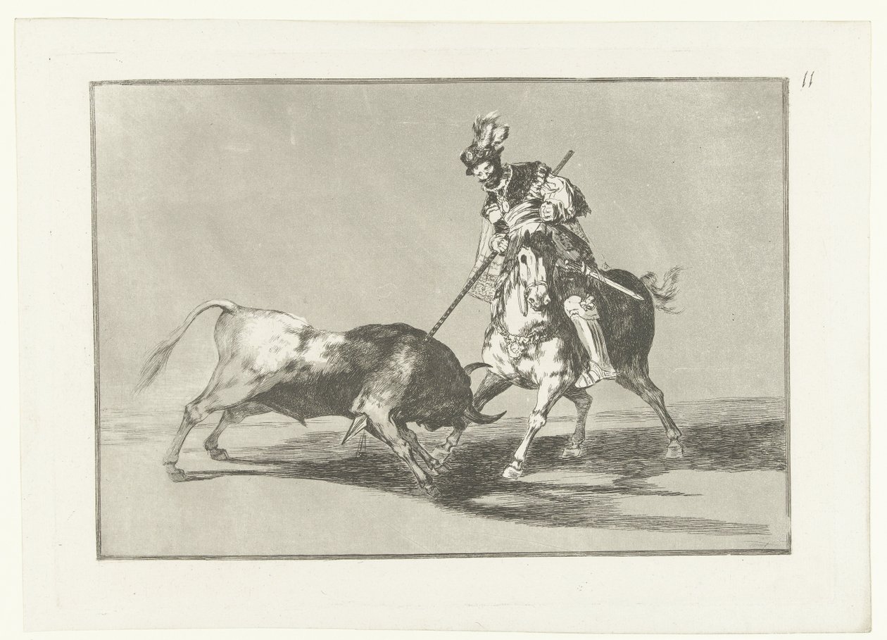 Rodrigo Diaz de Vivar besidder en stier El Cid Campeador spidder endnu en tyr Stierenvechten (serietitel) Tyrefægtning (serietitel) af Francisco de Goya