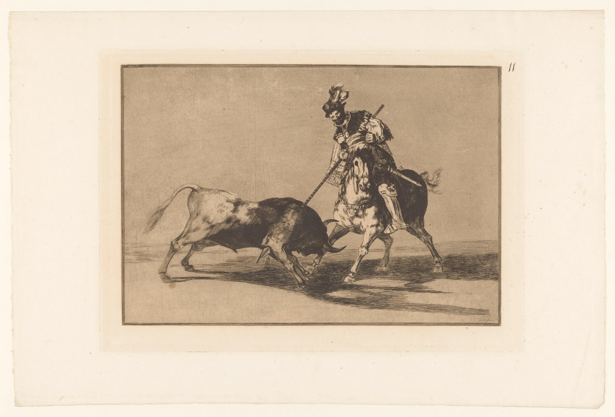 Rodrigo Diaz de Vivar besidder en stier El Cid Campeador spidder endnu en tyr Stierengevechten (serietitel) La Taureamachie (serietitel) Tyrefægtning (serietitel) af Francisco de Goya
