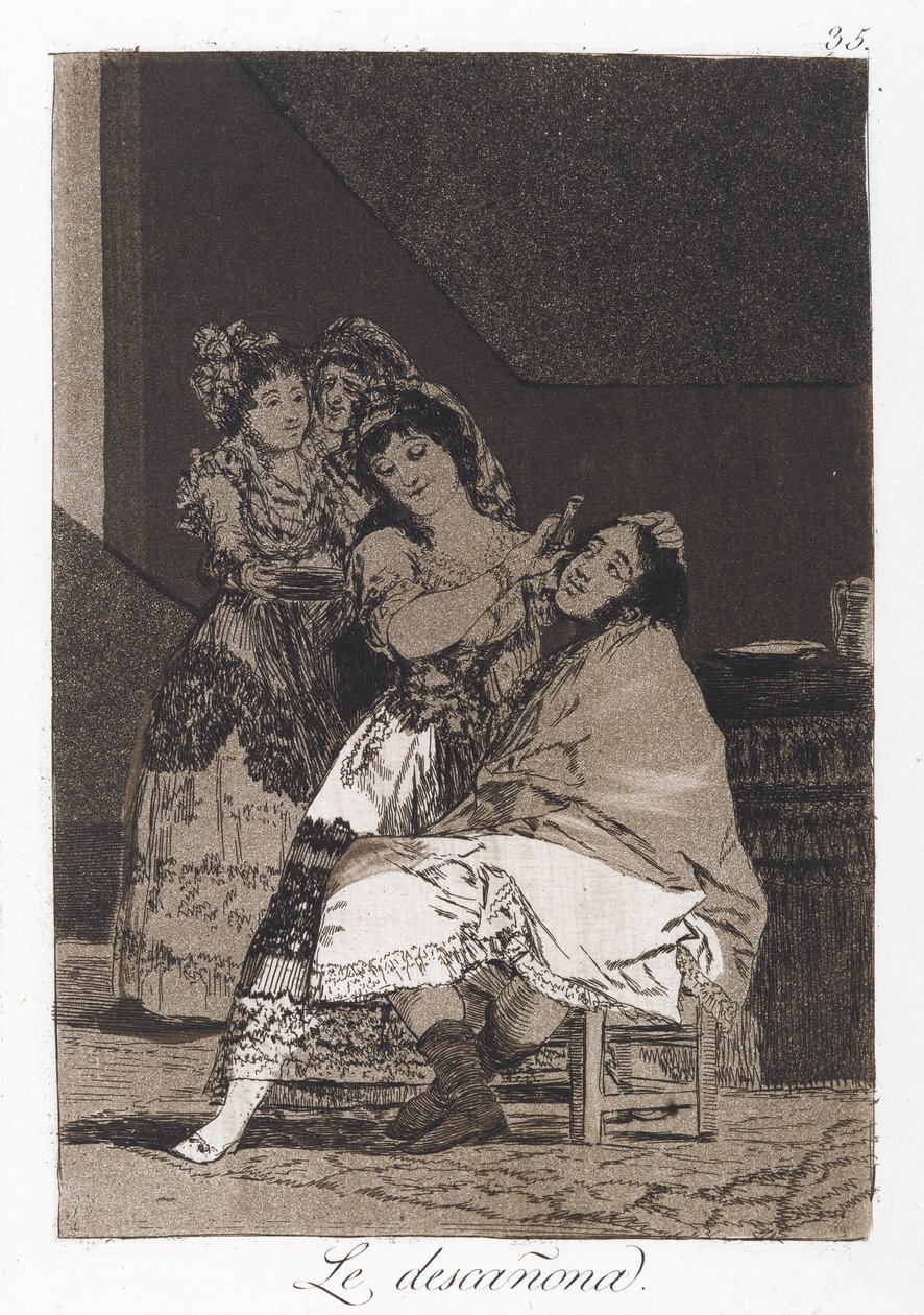 She Fleeces Him (Le descanona), plade 35 af Los Caprichos, ca. 1797-98 (ætsning og akvatint på papir) af Francisco de Goya