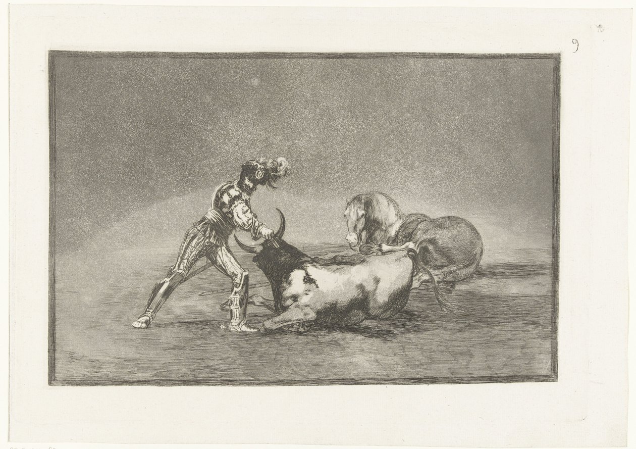 Spanse rider doody på stier En spansk ridder dræber en tyr efter at have mistet sin hest Stierenvechten (serietitel) Tyrefægtning (serietitel) af Francisco de Goya