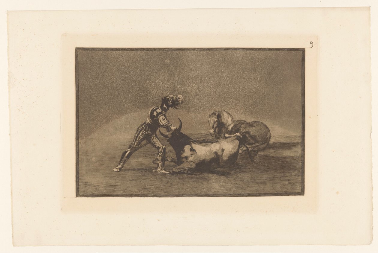 Spanse rider doodt en stier En spansk ridder dræber en tyr efter at have mistet sin hest Stierengevechten (serietitel) La Taureamachie (serietitel) Tyrefægtning (serietitel) af Francisco de Goya
