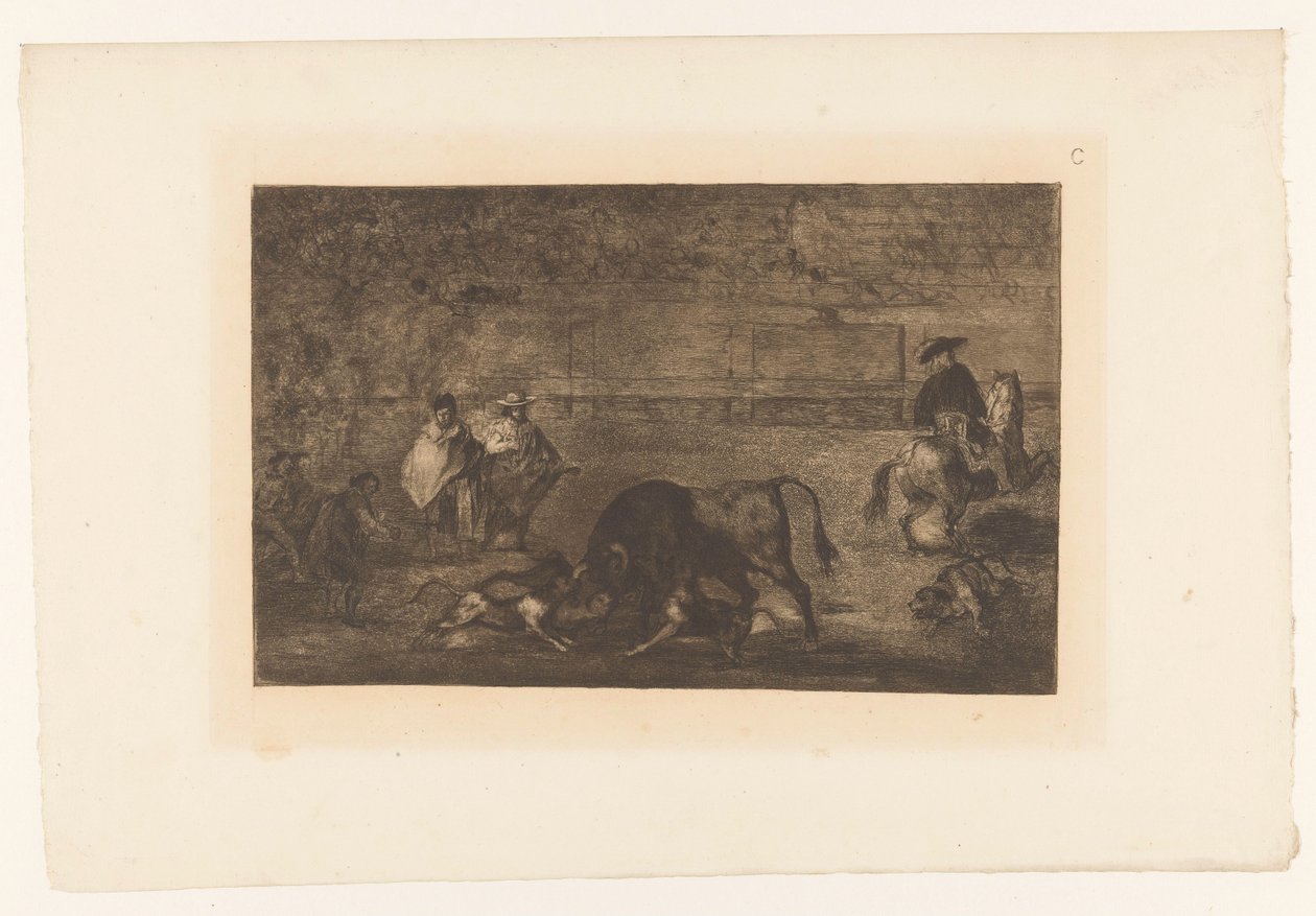 Tyr angrebet af hunde Les chiens lâchés sur le taureau Tyrefægtning (serietitel) La Taureaumachie (serietitel) La Tauromaquia (serietitel) af Francisco de Goya