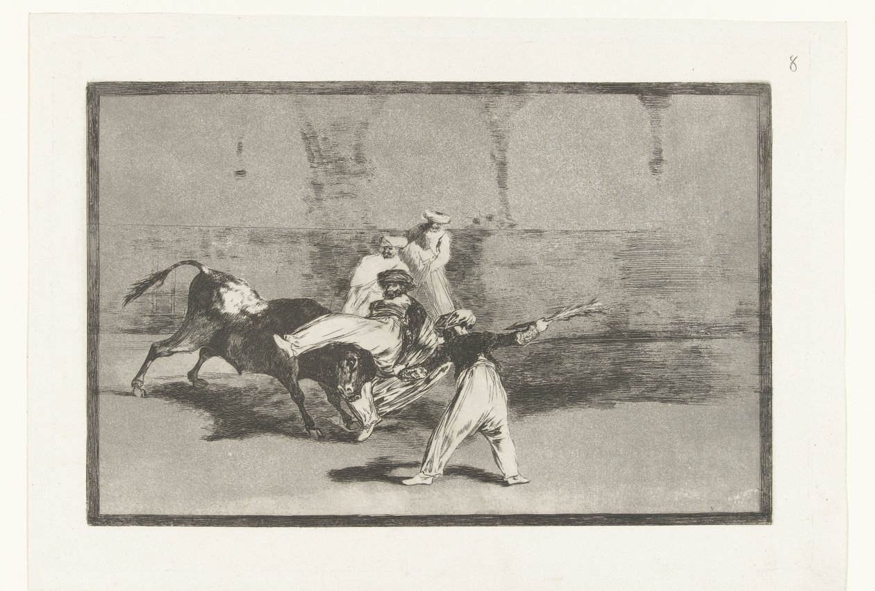 Tyren bliver grebet af tyrefægtere Cogida de un Moro estando en la plaza Tyrefægtning (serietitel) La Tauromaquia (serietitel) af Francisco de Goya
