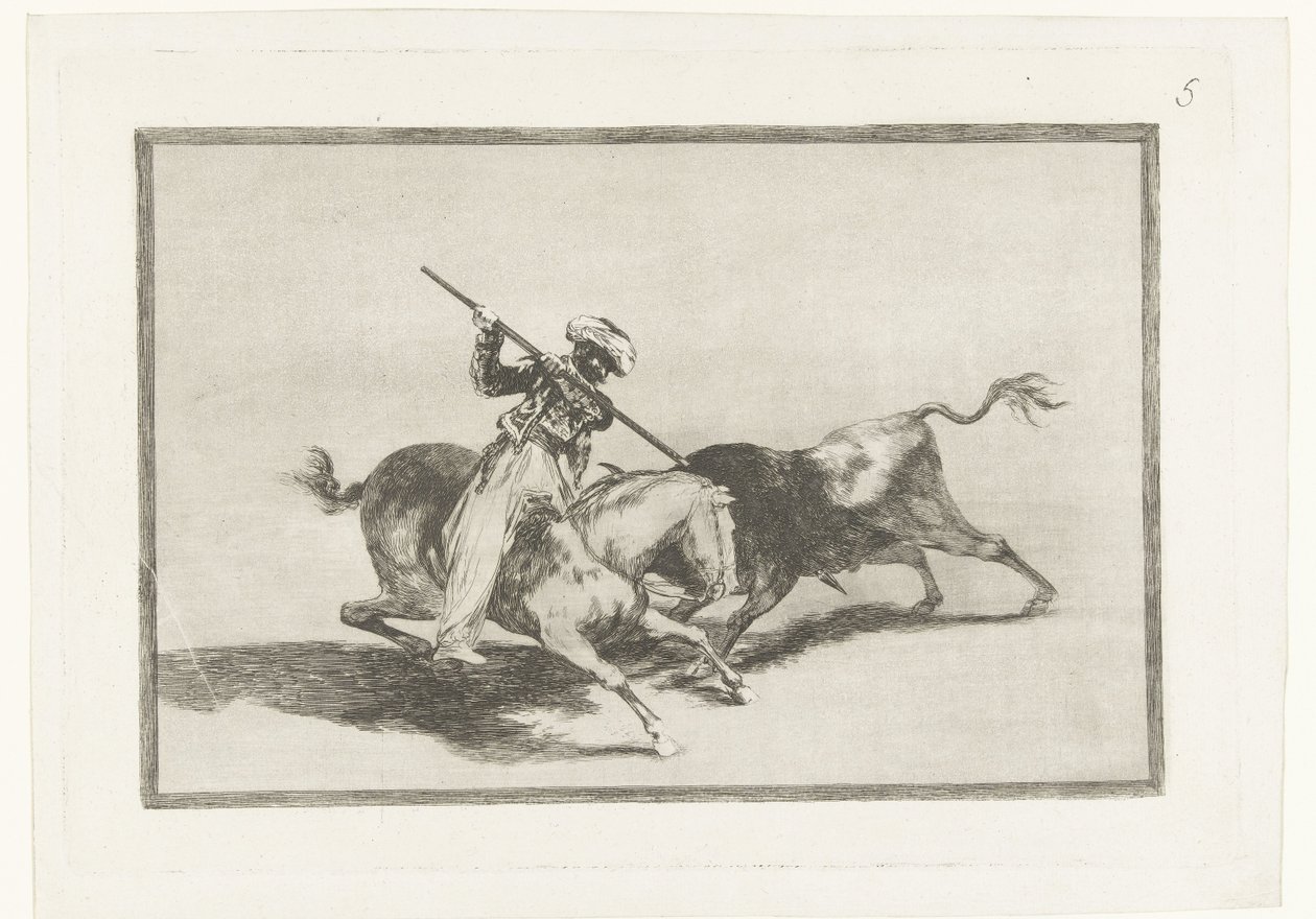 Stierenjacht te paard Den livlige Moro Gazul er den første, der spyd tyre i rækkefølge Tyrefægtning (serietitel) Stierenvechten (serietitel) af Francisco de Goya