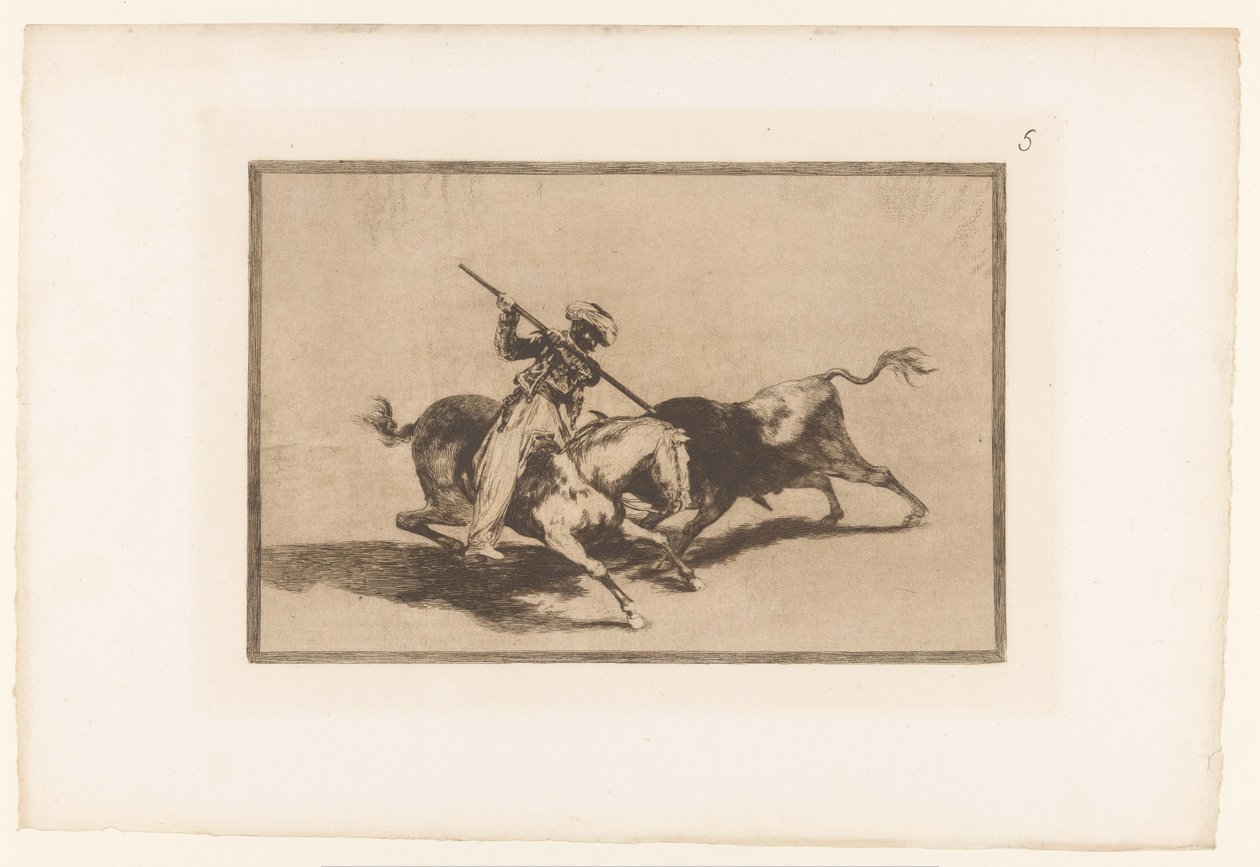 Stierenjacht te paard Den livlige moro gazul er den første til at spyd tyre i rækkefølge Stierengevechten (serietitel) La Taureamachie (serietitel) Tyrefægtning (serietitel) af Francisco de Goya