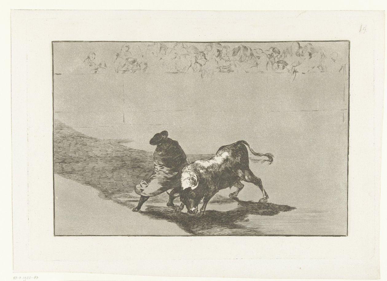 Stierenvechter i sandet Falces dygtige elev, i kappe, håner tyren med sine løbeture Stierenvechten (serietitel) Tyrefægtning (serietitel) af Francisco de Goya