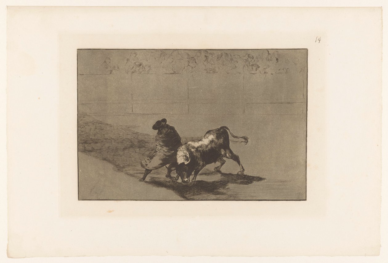 Stierenvechter i sandet Falces dygtige elev, i kappe, håner tyren med sine løbeture Stierengevechten (serietitel) La Taureamachie (serietitel) Tyrefægtning (serietitel) af Francisco de Goya