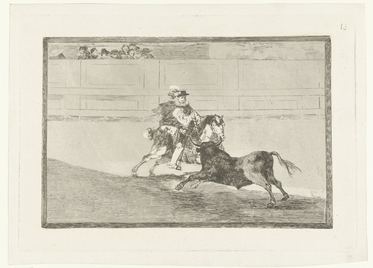 Stierenvechten i sandet En spansk herre på pladsen knækker rejoncillos uden hjælp fra alfonserne Stierenvechten (serietitel) Tyrefægtning (serietitel) af Francisco de Goya