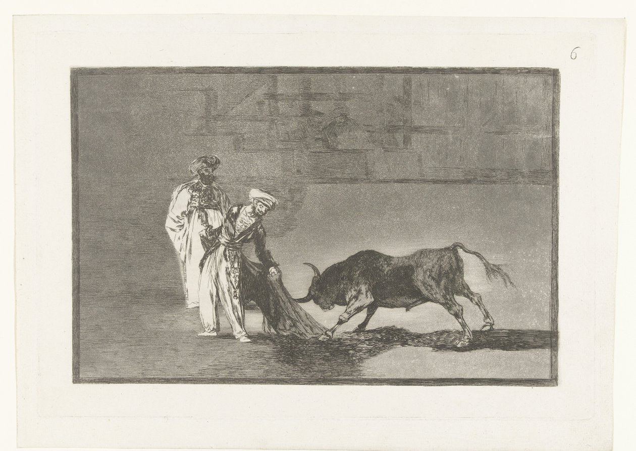 Stierenvechten i sandet Maurerne laver endnu en capeo på pladsen med deres badekåbe Stierenvechten (serietitel) Tyrefægtning (serietitel) af Francisco de Goya