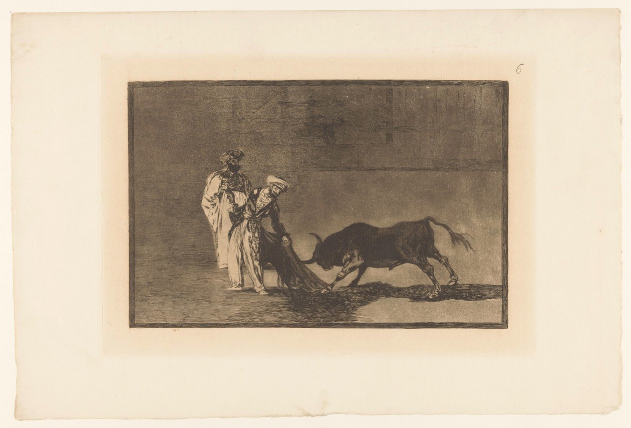 Stierenvechten i sandet Maurerne laver endnu en capeo på pladsen med deres badekåbe Stierengevechten (serietitel) La Taureamachie (serietitel) Tyrefægtning (serietitel) af Francisco de Goya