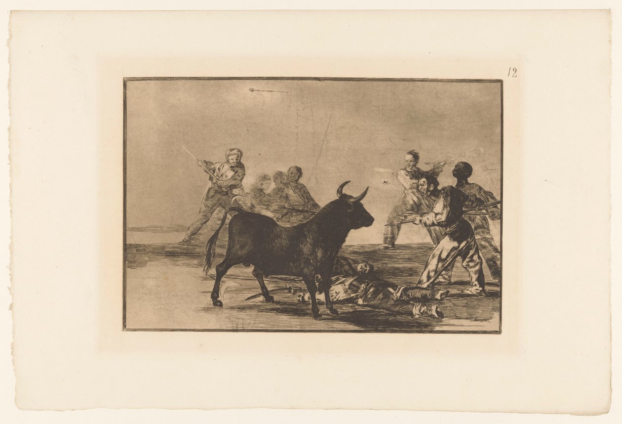 Stierenvechters omkring en ​​stier Slyngelens hase med spyd, halvmåner, branderillaer og andre våben Stierengevechten (serietitel) La Taureamachie (serietitel) Tyrefægtning (serietitel) af Francisco de Goya