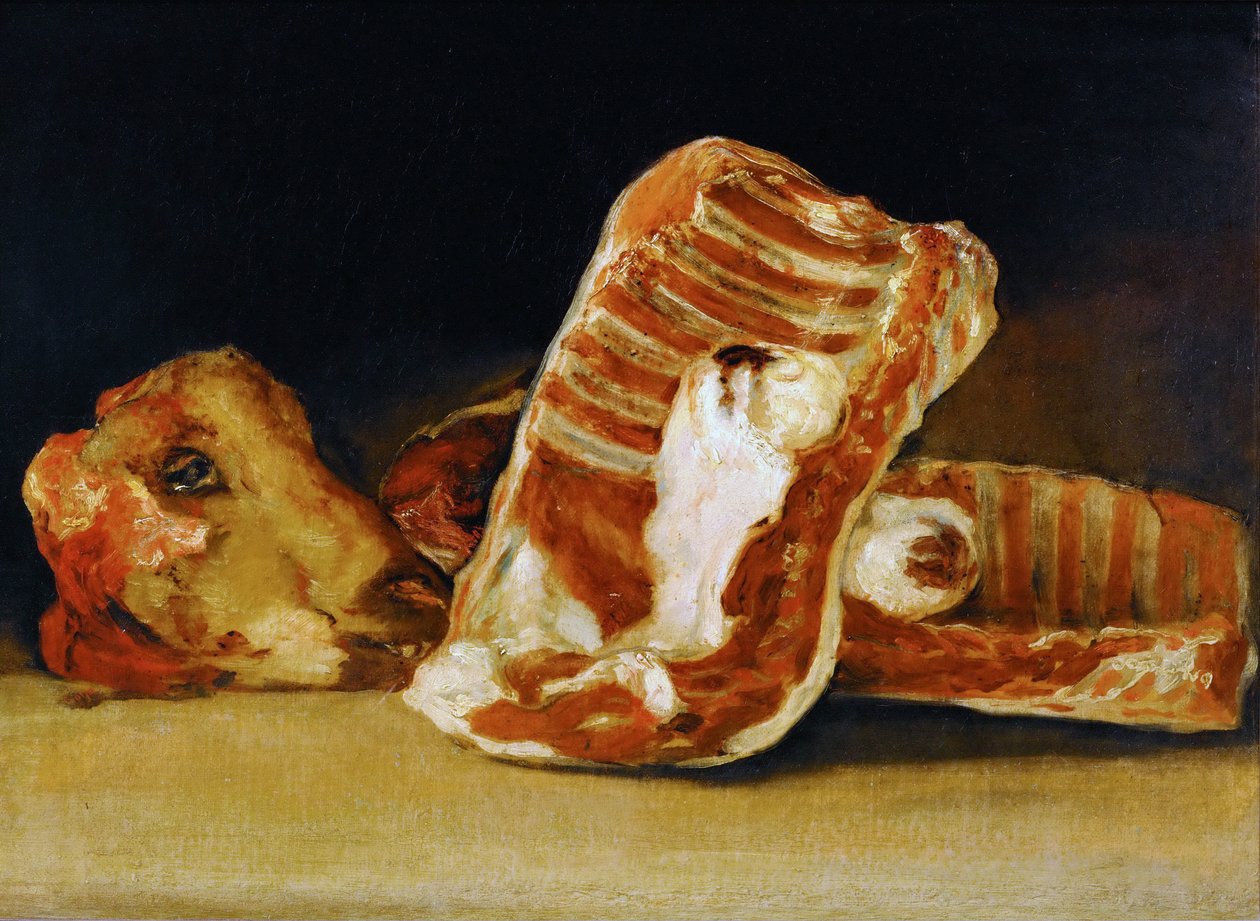 Stilleben af Sheeps Ribs og Head The Butchers counter af Francisco de Goya