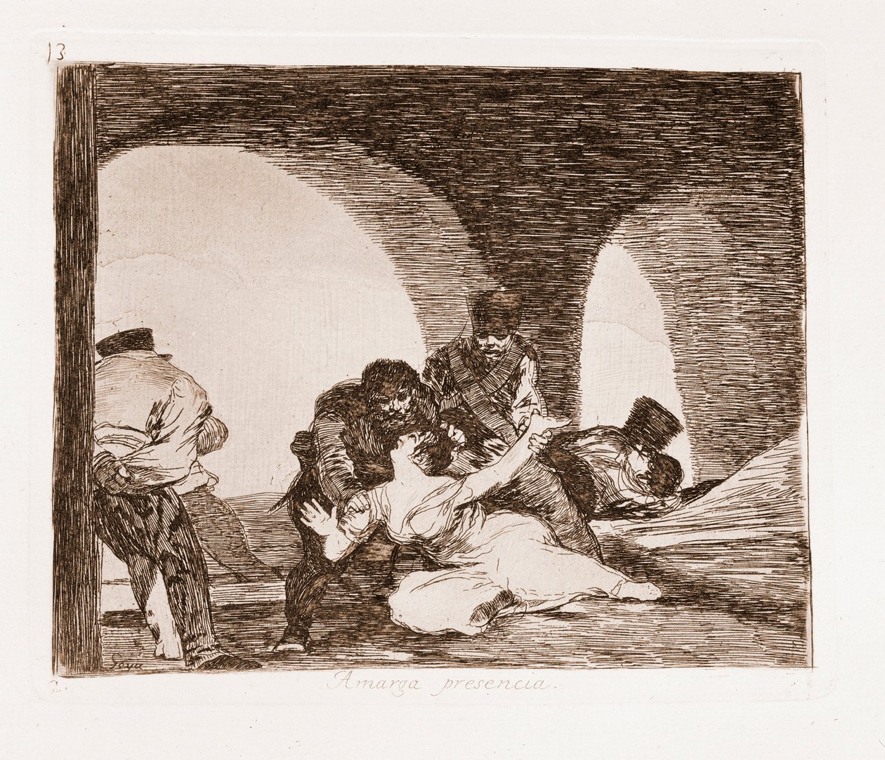 The Disasters of War: En mand vidne til voldtægten af sin kone (radering fra den forberedende tegning af Francisco de Goya