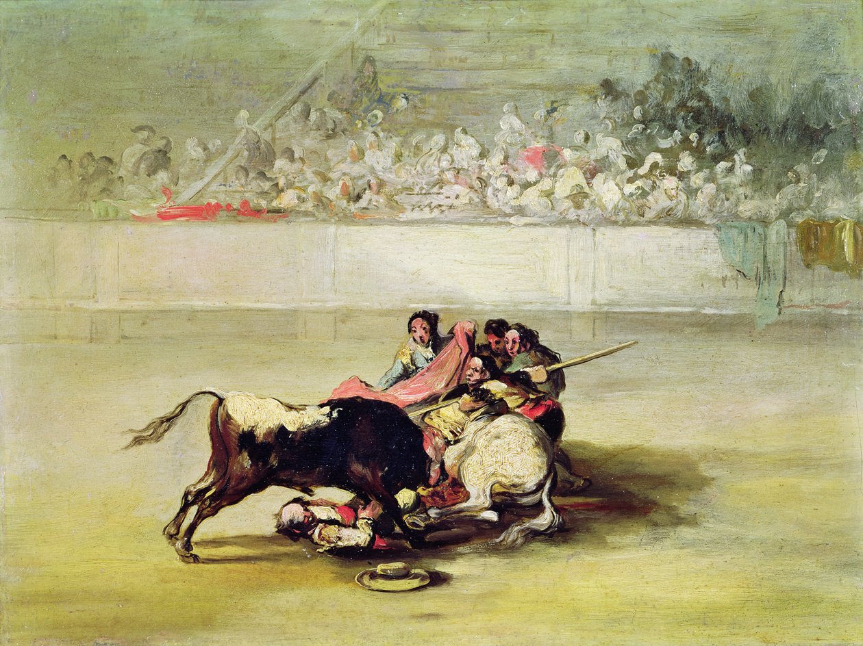 En picador falder af sin hest under en tyr af Francisco de Goya