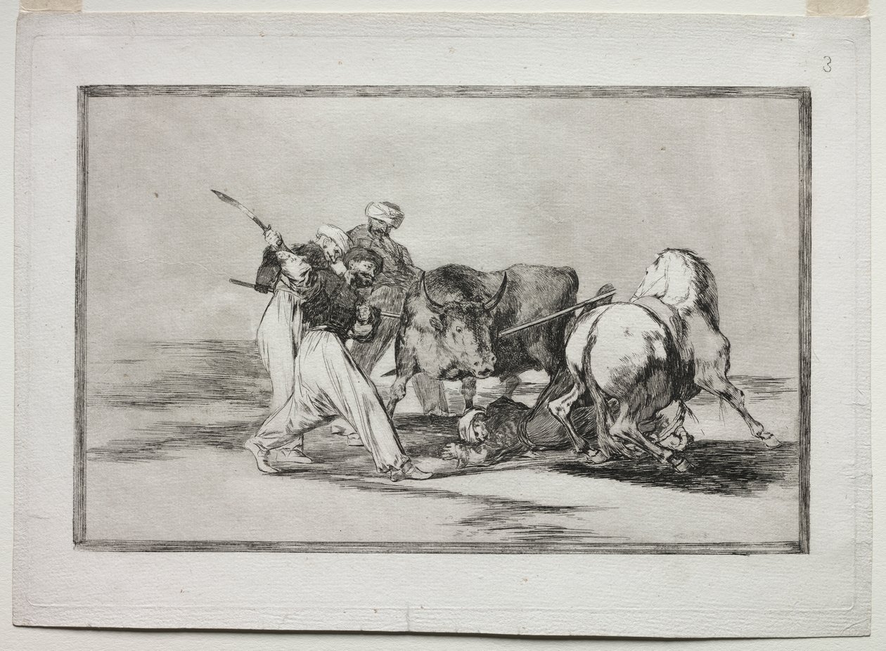 Maurerne slog sig ned i Spanien, opgav Koranens overtro, adopterede denne jagtkunst og spyd en tyr i det fri af Francisco de Goya