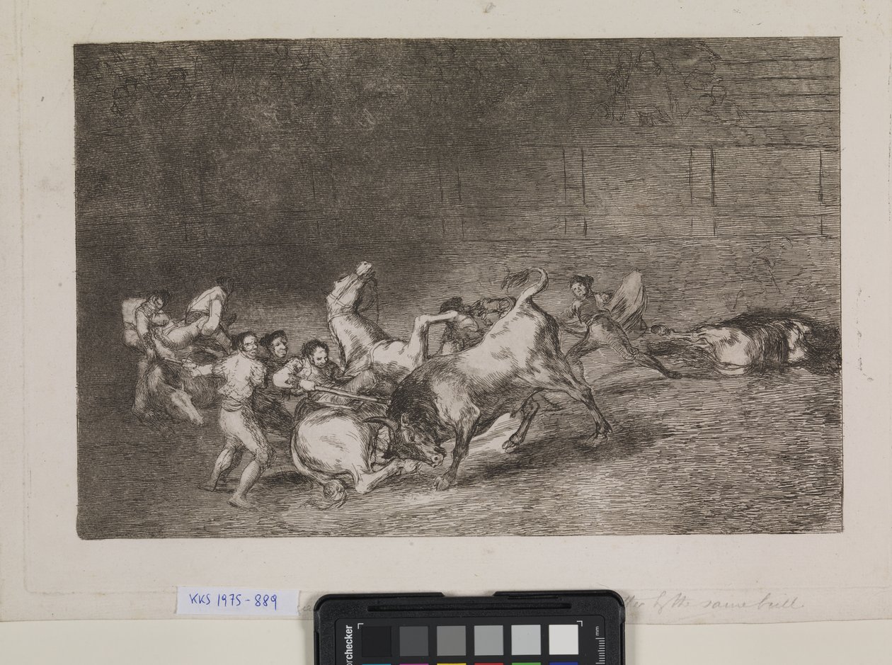 To hold picadorer bliver et efter et væltet omkuld af en enkelt tyr af Francisco de Goya