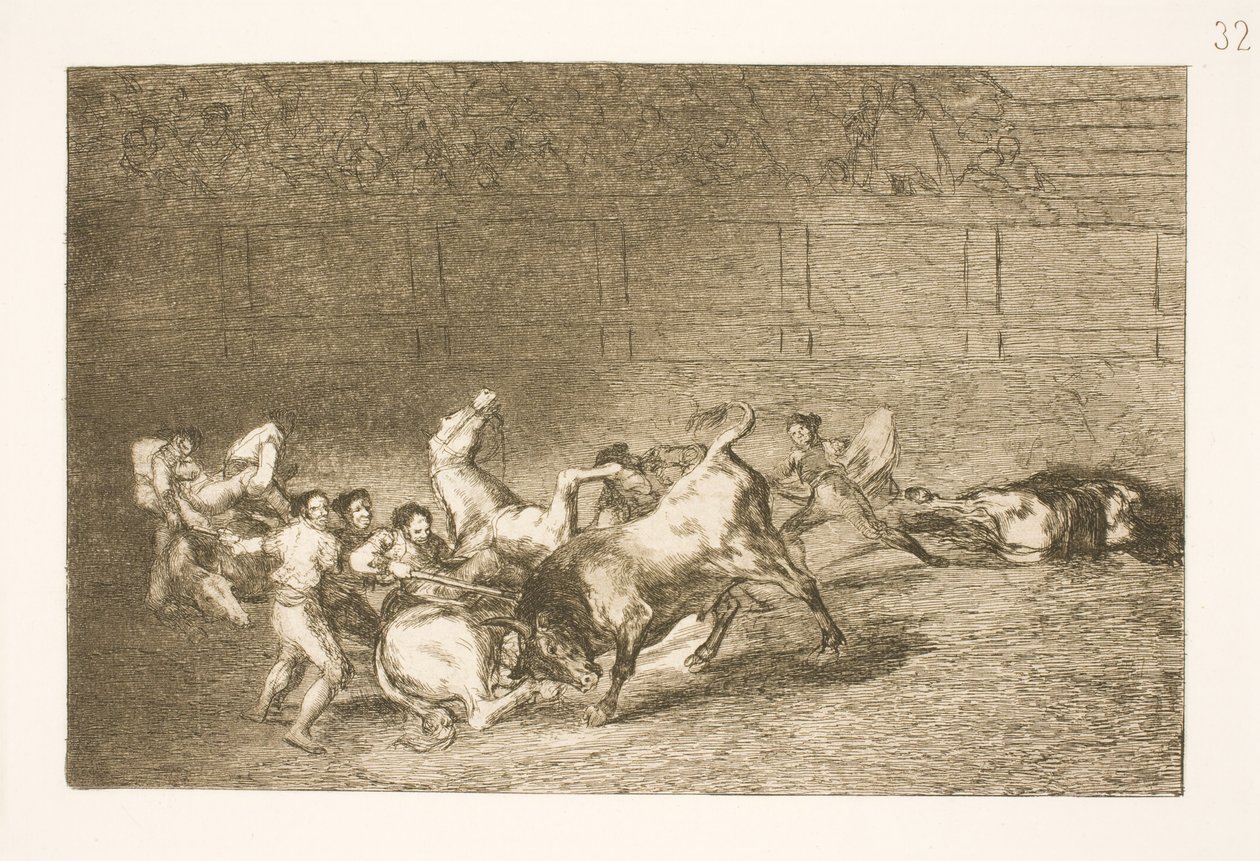 To hold picadorer bliver et efter et væltet omkuld af en enkelt tyr af Francisco de Goya
