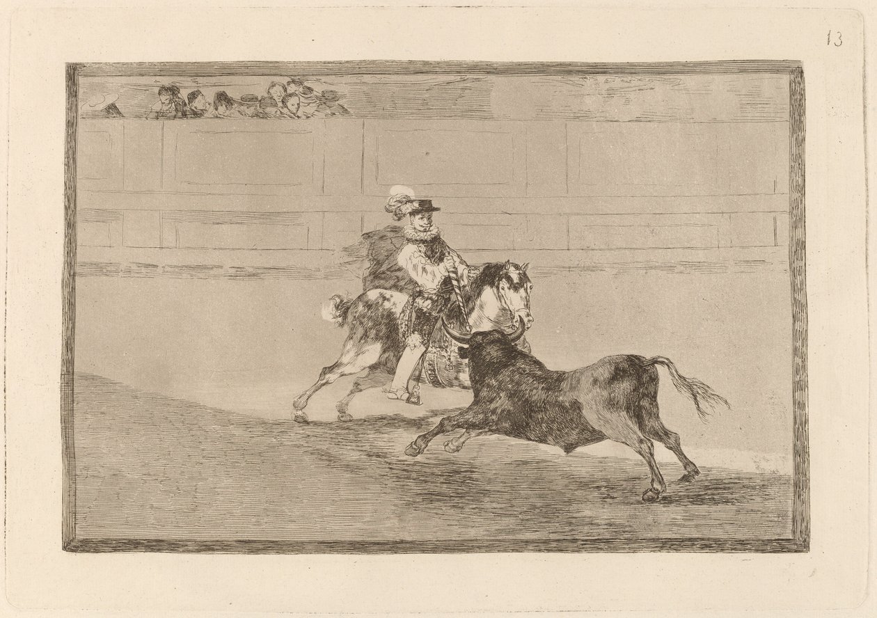 Un caballero espanol en plaza quebrando rejoncillos sin auxilio de los chulos (En spansk ridder i ringen, der knækker korte spyd uden hjælp fra assistenter) af Francisco de Goya
