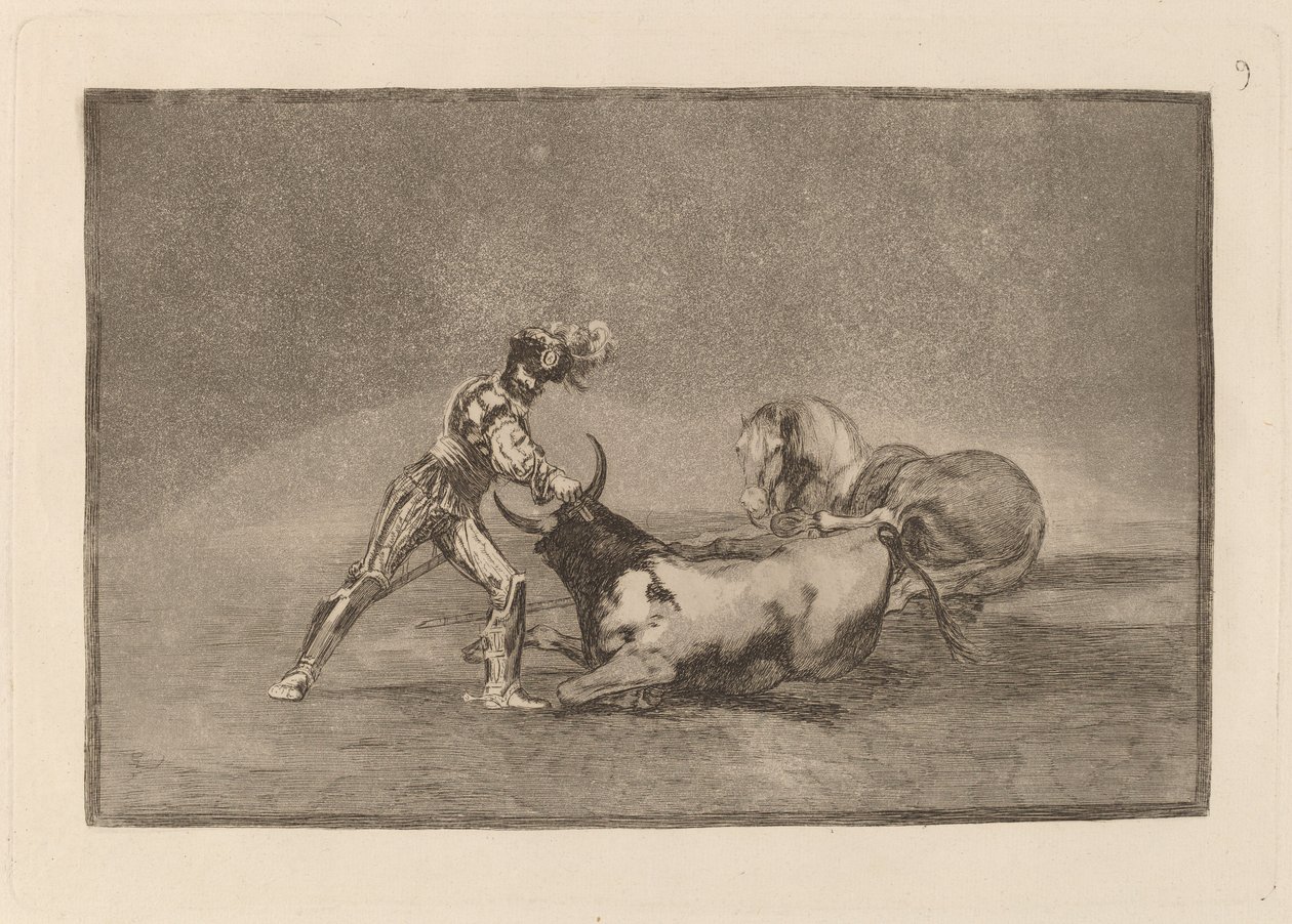 En spansk ridder dræber tyren efter at have mistet sin hest af Francisco de Goya