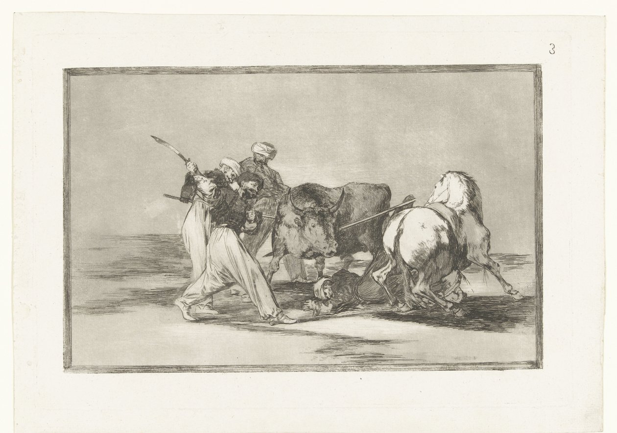 Vier mannen jagen op een stier Maurerne etableret i Spanien, som undlod deres Alcoráns overtro, overtog denne jagt og kunst og lanserer en tyr i marken Stierenvechten (serietitel) Tyrefægtning (serietitel) af Francisco de Goya