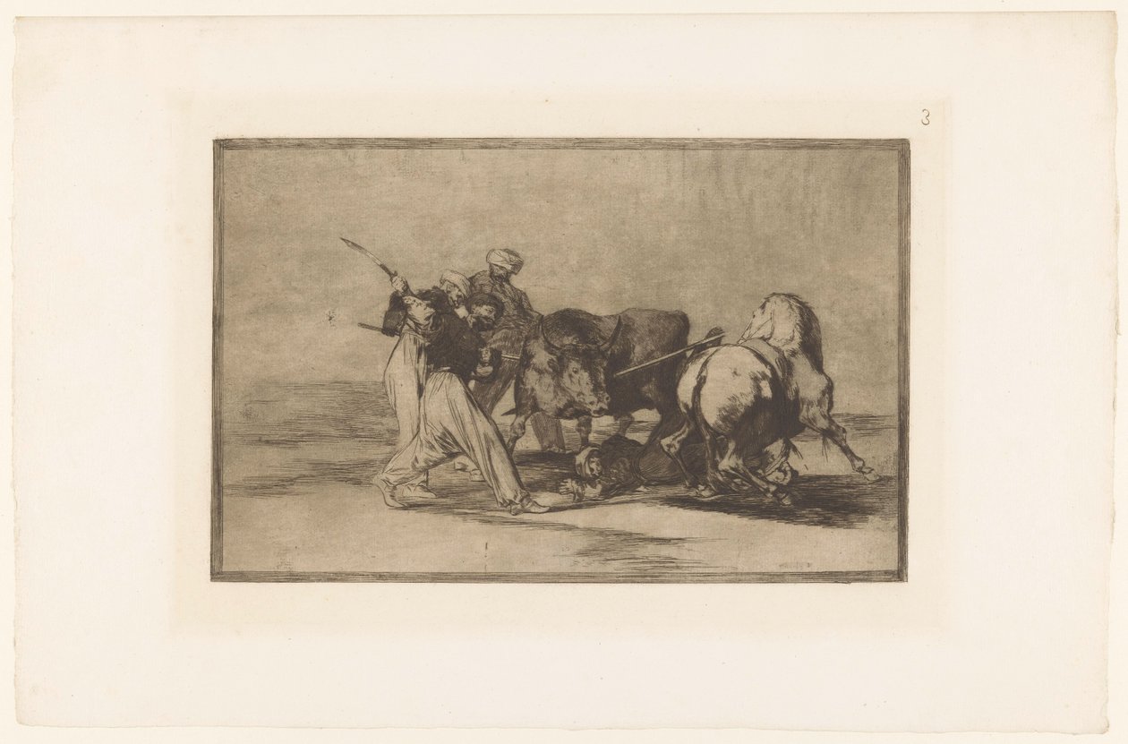 Vier mannen jagen op een stier Maurerne etablerede sig i Spanien og undlod deres alcoráns overtro (...) Stierengevechten (serietitel) La Taureamachie (serietitel) Tyrefægtning (serietitel) af Francisco de Goya