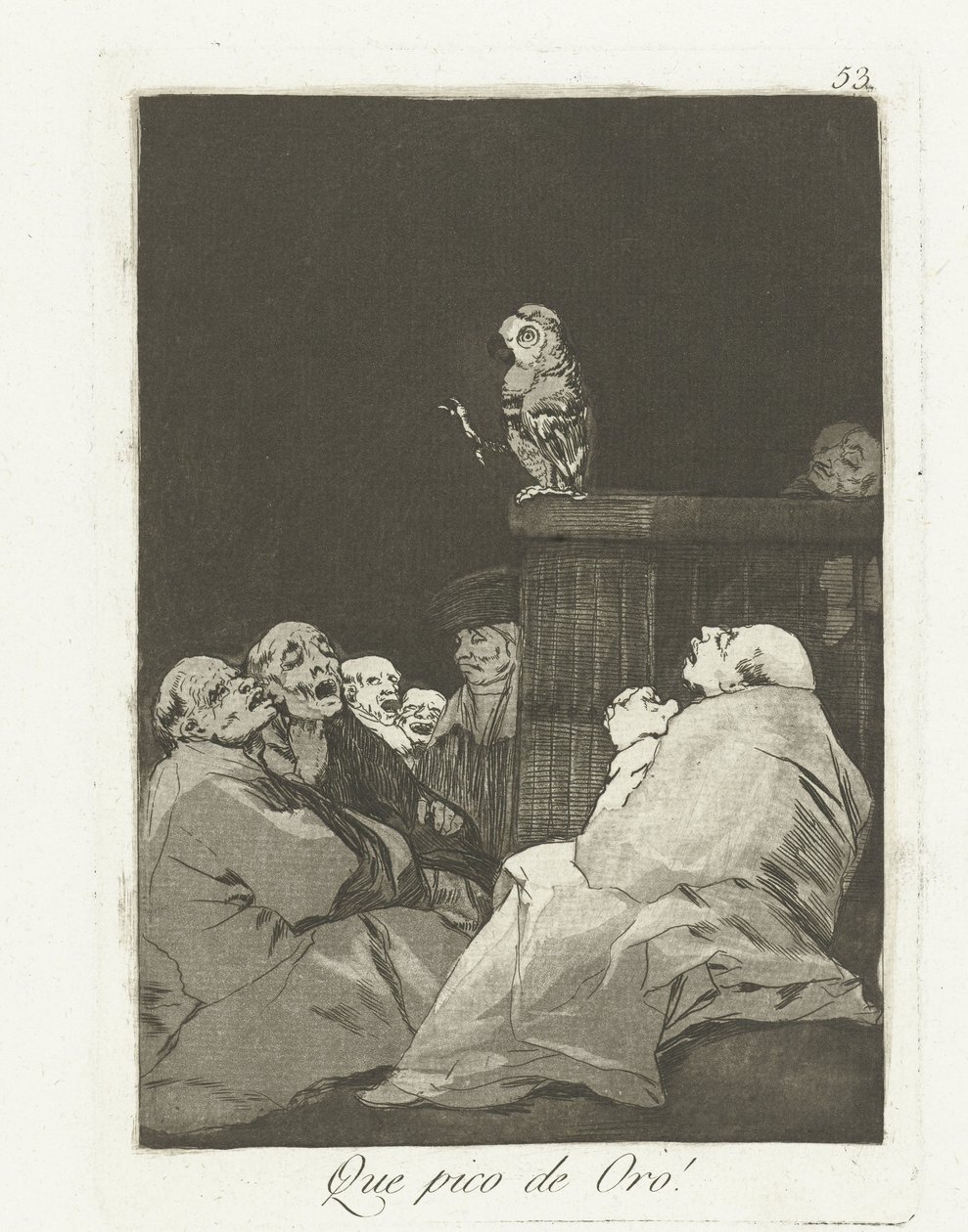 Hvilket gyldent næb! Que pico de oro! (titel på objekt) Los Caprichos (serietitel) af Francisco de Goya