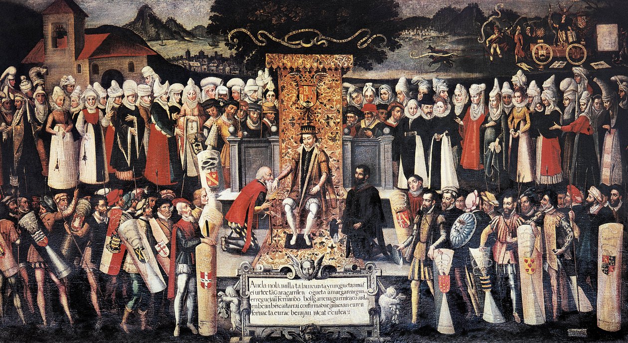Ceremoni med håndkysse (håndkysse) efter erklæringen om privilegier af kong Ferdinand den katolske (1452-1516). Maleri af Francisco de mendieta Y Retes (1500-tallet). Spanien, Guernica. Juntas hus. af Francisco de Mendieta y Retes