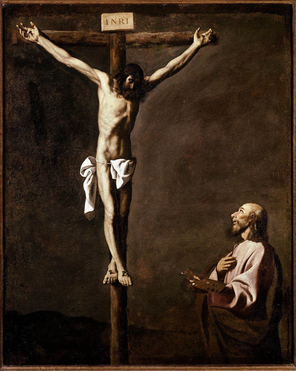 Korsfæstelse og maler Selvportræt af kunstneren i rollen som Sankt Lukas ved foden af korset. Maleri af Francisco de Zurbaran (1598-1664) 1635-1640 Dim. 105x84 cm Madrid, Prado Museum af Francisco de Zurbaran