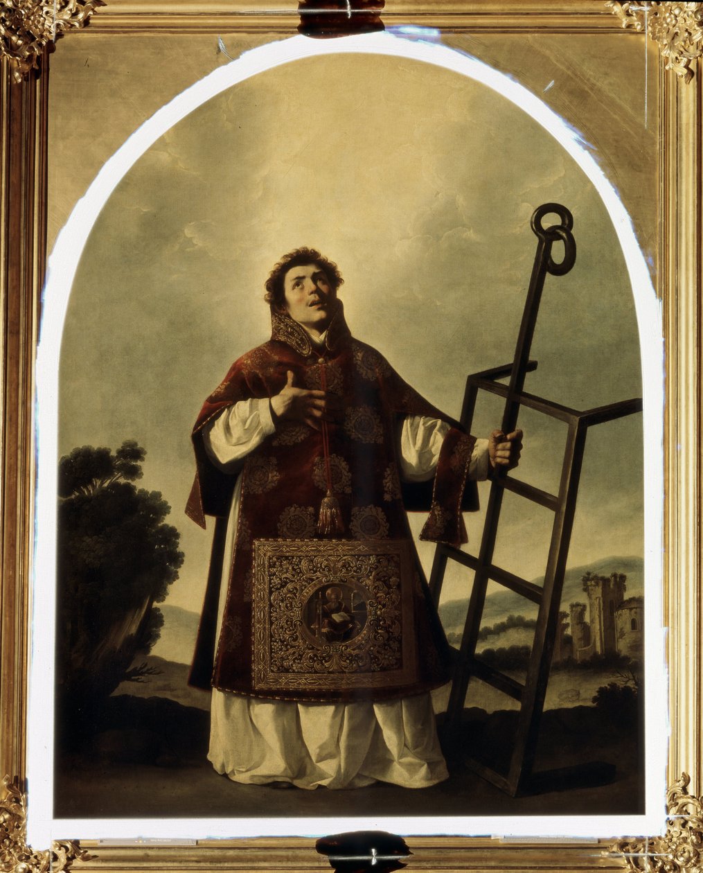Sankt Lawrence af Rom (martyr døde på en grill, der fremstår som hans egenskab). (Saint Lawrence). Maleri af Francisco de Zurbaran (1598-1664). Olie på lærred, 292 x 225 cm af Francisco de Zurbaran