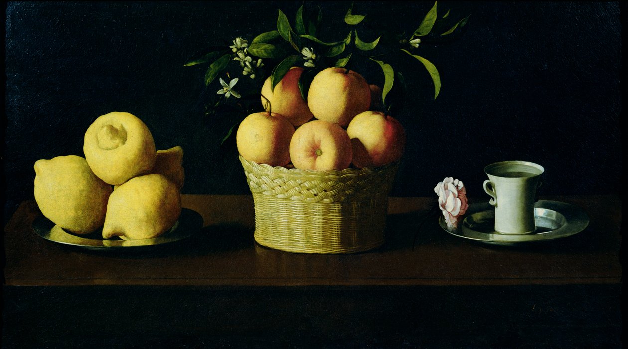 Stilleben med citroner, appelsiner og en rose af Francisco de Zurbaran