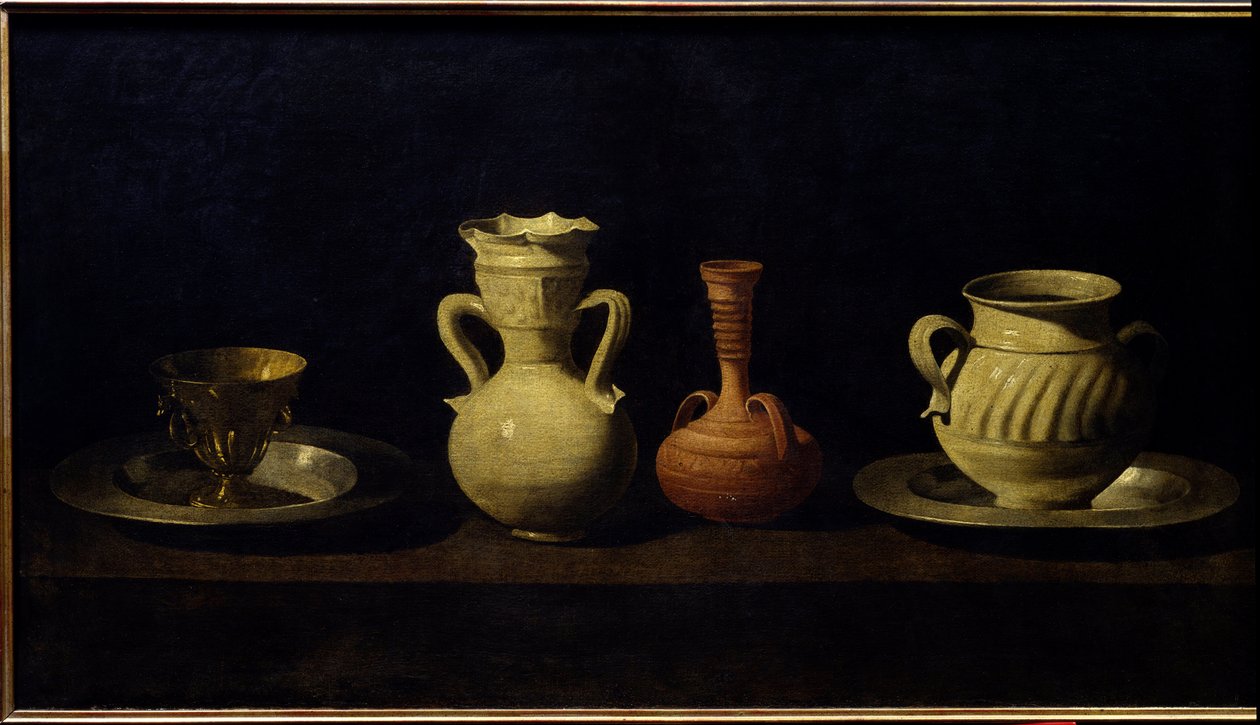 Stilleben, kopper og vaser. Maleri af Francisco de Zurbaran (1598 - 1664) af Francisco de Zurbaran
